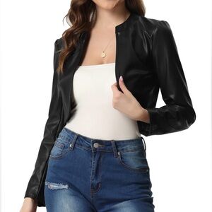 Allegra K PU Bolero Open Front Leather Cropped Long Sleeve Cardigan